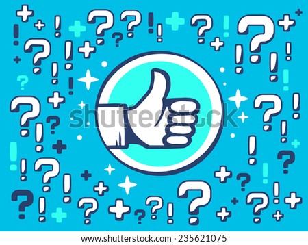 Vector illustration of many questions and exclamation marks around thumb up on blue pattern background. Line art design for web, site, advertising, banner, poster, board and print.