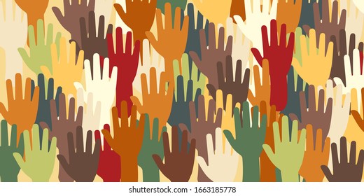 vector illustration of many raised hands in retro colors for mass discussion or protest background