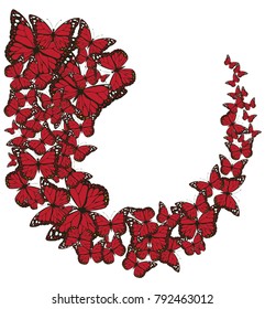 vector illustration of many red flying butterflies.