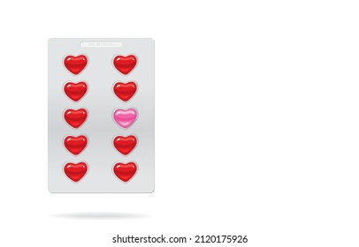 Vector illustration of many red heart shaped pill in clear blister pack,one pink heart shaped pill,heart disease medication,love potion,isolated on white background,Love health,happy Valentines Day.