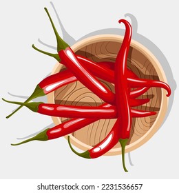 Vector illustration of many red spicy peppers chilli in the wooden plate isolated on white.