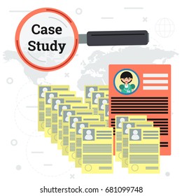 Vector illustration of many resume and documents with magnifier glass and one big red woman application. Concept of case study and employee searching in flat style. Square flat web banner