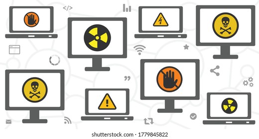 vector illustration of many screens and toxic symbols for internet trolling and offensive communication
