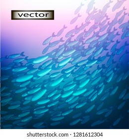 Vector illustration of many small fish flock, school fry in the ocean in the light of sunset