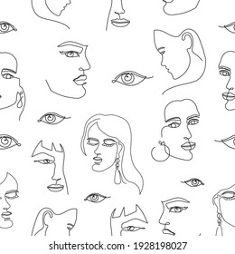 Ilustración vectorial con muchas caras surrealistas de mujer y ojos en fondo blanco.  El estilo de una línea es moderno.