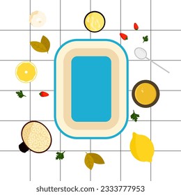Vektorgrafik Viele Gemüsepaprika, Petersilie, Knoblauch, Lorbeerblätter, Zitronen, Oliven und Butter rund um eine Keramikbackdose