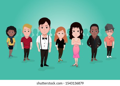 Vector illustration of many teenage figures standing in a row. by representing various races and nations. representing togetherness in diversity.