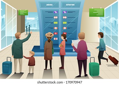 A vector illustration of many travelers looking at departure board