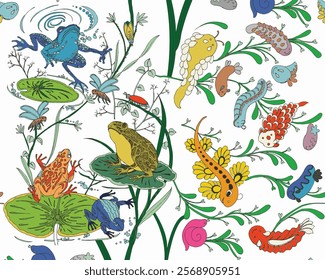 vector illustration of many types insects. hand drawn wild animal pattern isolated on white background. watercolor drawing of frogs, bee, snail, fish, etc.