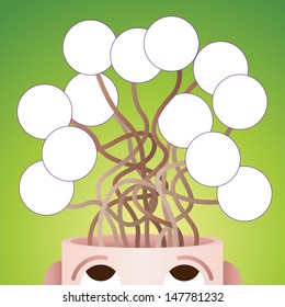 Vector illustration of many various abstract thoughts from a man's head.