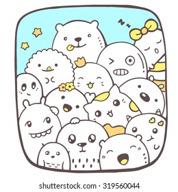 Vector illustration of many white color doodles with emotional faces in frame on blue background. Hand draw line art design for web, banner, poster, card, t-shirt, print.