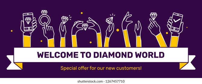 Vector illustration with many yellow hands holding diamond, ring and mobile phone. Line art style design with header in ribbon frame on dark background for web, site, advertising, horizontal banner