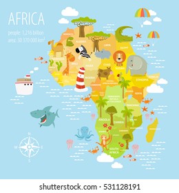 Vector illustration map of Africa. On it are the lion, rhino, elephant, monkey, crocodile, bananas, pineapple, crab, starfish, fish, cactus, palm,baobab, zebra, ravels.It can be used in a book, poster