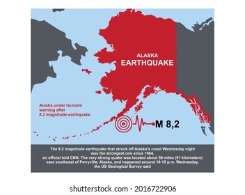 vector illustration, map of alaska, Alaska under tsunami warning after an 8.2 magnitude earthquake. The very strong quake was located about 56 miles (91 kilometers) east southeast of Perryville. pring