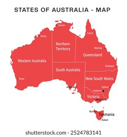 Vektorgrafik-Karte von Australien, Verwaltungsstaaten - Territorien Städte, Australien Karte, Vektorgrafik, Australische Rote Farbkarte, Australien politische Karte, EPS 10 Vektorbild, Umriss