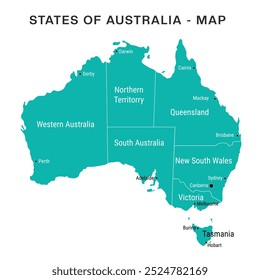 Vector illustration map of Australia with all state names, Political Map of Australia, blue color map of Australia, Australian administrative vector map with states, eps 10 drawing vector image