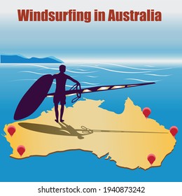 Vector illustration. Map of Australia with surf spots. Silhouette of a windsurfer and the inscription Windsurfing in Australia