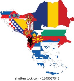 vector illustration of Map of Balkan peninsula countries with national flag on white background