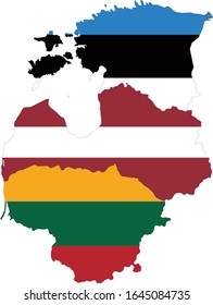 vector illustration of Map of Baltic countries with national flag on white background