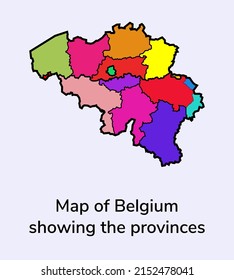 Ilustración vectorial del Mapa de Bélgica que muestra las provincias con diferentes colores aislados en fondo azul claro. listo para usar, fácil de editar. vector eps10. 
