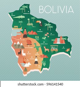 Vector illustration map of Bolivia with nature, animals and people in traditional clothes. Flat design style