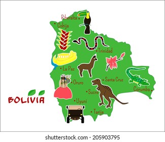 vector illustration of map of Bolivia with typical features