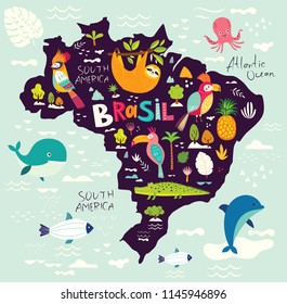 Vector illustration with map of Brazil. Symbols of Brazil