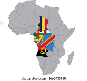 vector illustration of Map of Central Africa countries with national flag