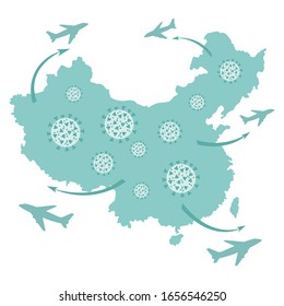 Vector illustration Map of China Airplanes Flight Stop Chinese corona virus ncov spread Pathogen respiratory coronavirus 2019-nCoV SARS pandemic risk alert Medicine Protect Design for web, print