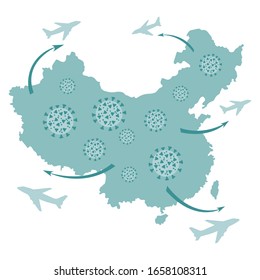 Vector illustration Map of China Airplanes Flight Stop Chinese corona virus ncov spread Pathogen respiratory coronavirus 2019-nCoV SARS pandemic risk alert Medicine Protect Design for web, print