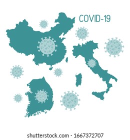 Vector illustration Map of China, South Korea, Italy Countries with highest number of people affected Covid-19 2019-nCoV Chinese corona virus ncov Pathogen respiratory coronavirus SARS pandemic risk