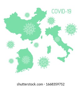 Vector illustration Map of China, South Korea, Italy Countries with highest number of people affected Covid-19 2019-nCoV Chinese corona virus ncov Pathogen respiratory coronavirus SARS pandemic risk