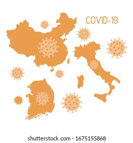 Vector illustration Map of China, South Korea, Italy Countries with highest number of people affected Covid-19 2019-nCoV Chinese corona virus ncov Pathogen respiratory coronavirus SARS pandemic risk