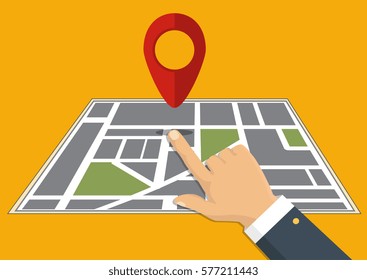 Vector illustration. Map. The concept of navigation, delivery. Hand indicates the location on the map.