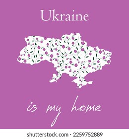 
Vector illustration of a map of the country Ukraine, the borders are sown with spring flowers, the inscription Ukraine is my home