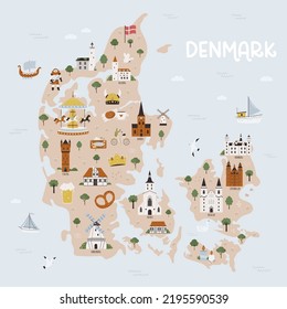 Vector illustration of map of Denmark with famous cities, destinations and symbols