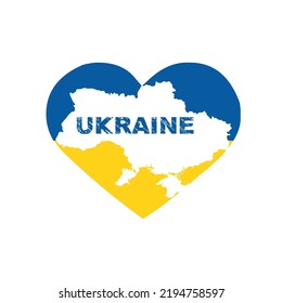Vector illustration of map design of Ukraine on blue and yellow heart symbol background. Ukrainian flag colors