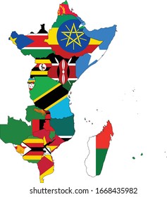vector illustration of Map of East Africa countries with national flag on white background