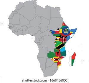 vector illustration of Map of East Africa countries with national flag