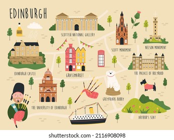 Vector illustration of map of Edinburgh with streets, symbols, famous landmarks. Bright design for tourist leaflets, magazines, posters. svg