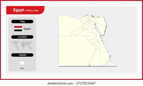 Vector illustration map of Egypt. Includes national flag, location, and capital information.