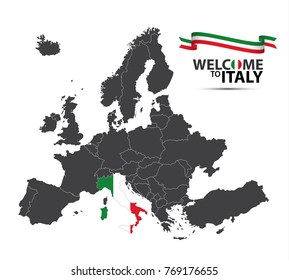 Vector illustration of a map of Europe with the country of Italy in the appearance of the Italian flag and ribbon isolated on a white background