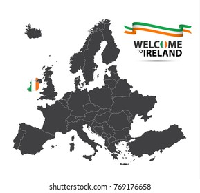 Vector illustration of a map of Europe with the country of Ireland in the appearance of the Irish flag and ribbon isolated on a white background