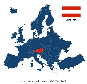 Vector illustration of a map of Europe with highlighted Austria and Austrian flag isolated on a white background