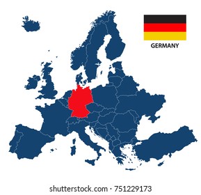 Vector illustration of a map of Europe with highlighted Germany and German flag isolated on a white background