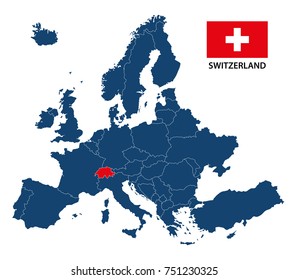 Vector illustration of a map of Europe with highlighted Switzerland and Swiss flag isolated on a white background