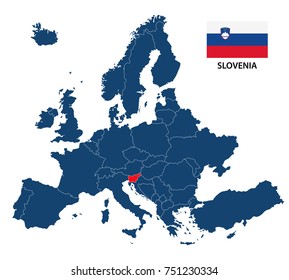 Vector illustration of a map of Europe with highlighted Slovenia and Slovenian flag isolated on a white background