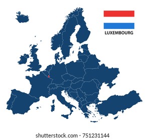 Vector illustration of a map of Europe with highlighted Luxembourg and Luxembourgish flag isolated on a white background