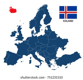 Vector illustration of a map of Europe with highlighted Iceland and Icelandic flag isolated on a white background