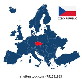 Vector illustration of a map of Europe with highlighted Czech Republic and Czech flag isolated on a white background